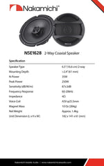 Nakamichi NSE1628 6.5-inches Car Stereo 2 Way Coaxial Speaker 250 Watts Peak Power 60-20kHz Frequency Response Nakamichi NSE1628 6.5-inches Car Stereo 2 Way Coaxial Speaker 250 Watts Peak Power 60-20kHz Frequency Response
