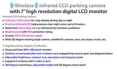 7" Screen Wireless Monitor 12V 24V Reversing Car CCD Camera Caravan Parking