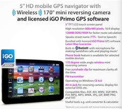 5" GPS Car Navigation System Wireless Reversing Camera Sat Nav iGO Primo (5"Sat Nav-WL)