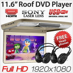 Beige 11.6" Car Roof Mount Flip Down Monitor HD 1080p Player DVD CD Games USB