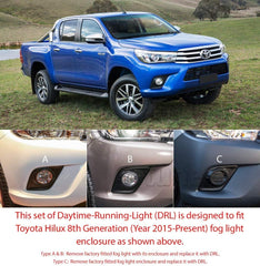 DRL Daytime Running Light Bezel Turn Signal for Toyota Hilux 8th Generation AN120 AN130 New Pair LED Fog Lamp 2-In-1 SR SR5 Workmate 2015-2018 DRL Daytime Running Light Bezel Turn Signal for Toyota Hilux 8th Generation AN120 AN130 New Pair LED Fog Lamp 2-In-1 SR SR5 Workmate 2015-2018