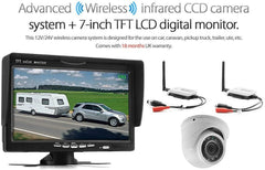 24V 12V Wireless Reversing Camera Kit IP 68 Waterproof View Back Up Dome Infrared CCD Camera, 7 Inches TFT LCD Rearview Monitor for Vans, Camping Cars, Trucks, Trailer