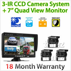 7" Quad Monitor Split Screen Reversing 3 Camera IR CCD 4PIN Kit Truck 24V/12V