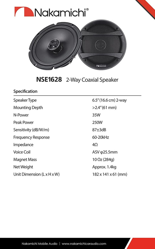 Nakamichi NSE1628 6.5-inches Car Stereo 2 Way Coaxial Speaker 250 Watts Peak Power 60-20kHz Frequency Response