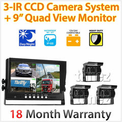 9" Quad Monitor Split Screen Reversing 3 Camera IR CCD 4PIN Kit Truck 24V/12V
