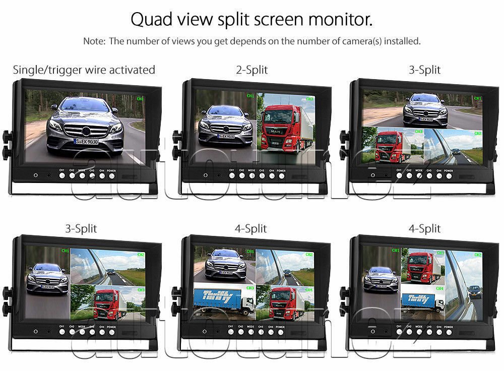 9" Quad Monitor Split Screen Reversing 3 Camera IR CCD 4PIN Kit Truck 24V/12V