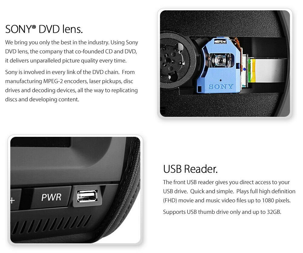 Black 9" Headrest Pair DVD Player Car Monitor Pillow Games USB 1080p Sony Lens