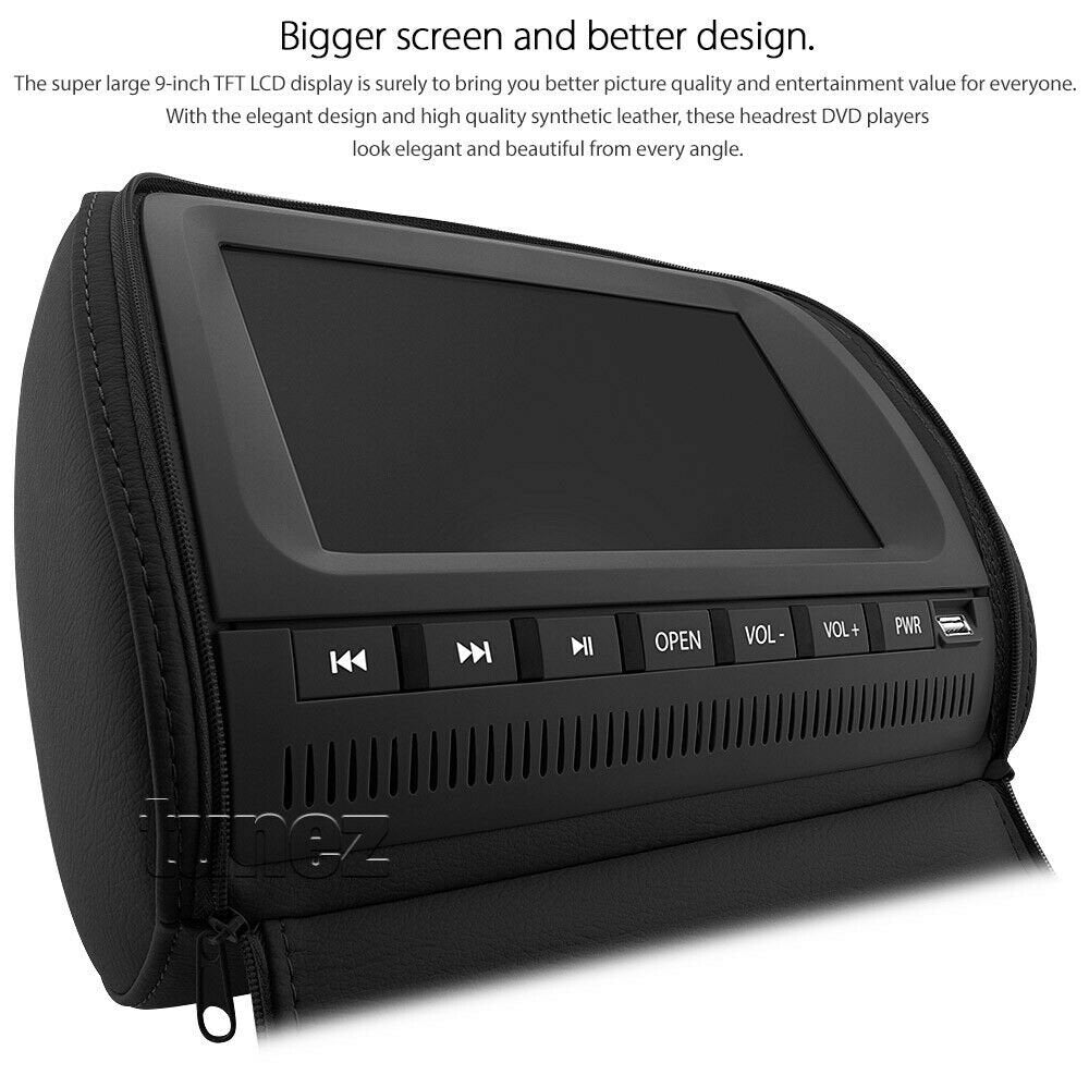 Black 9" Headrest Pair DVD Player Car Monitor Pillow Games USB 1080p Sony Lens
