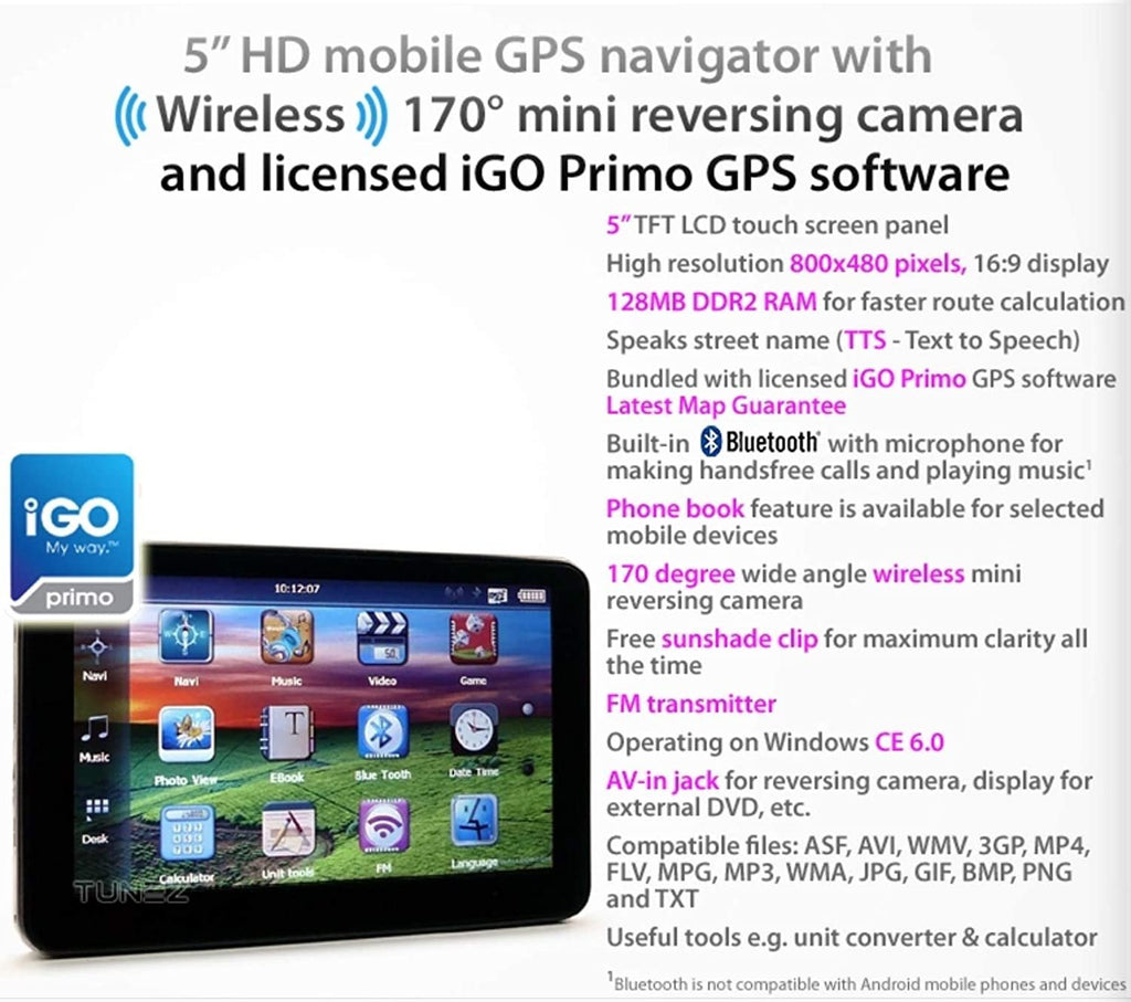 5" GPS Car Navigation System Wireless Reversing Camera Sat Nav iGO Primo (5"Sat Nav-WL)
