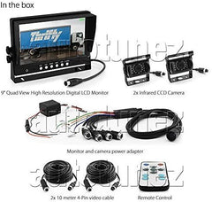 9" Quad Monitor Split Screen Reversing 2 Cameras IR CCD 4PIN Kit Truck 24V/12V