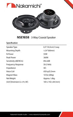 Nakamichi NSE1658 6.5-inches Car Stereo 3 Way Coaxial Speaker 360 Watts Peak Power 50-21kHz Frequency Response