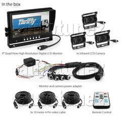 9" Quad Monitor Split Screen Reversing 3 Camera IR CCD 4PIN Kit Truck 24V/12V