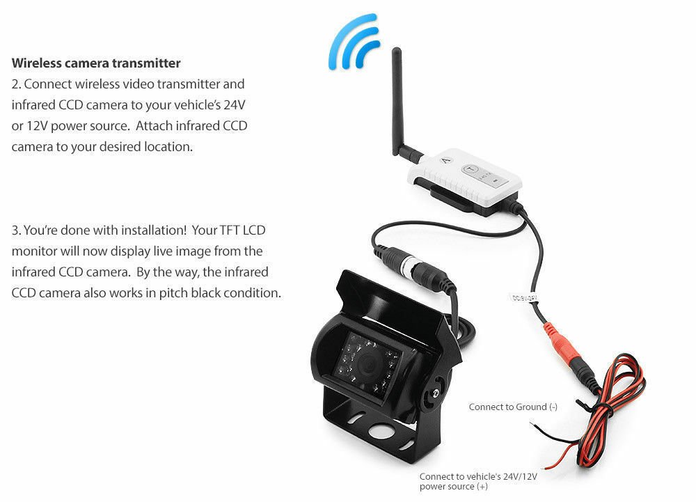 7" Monitor 4PIN CCD 24V Reversing Camera Digital Wireless Receiver Transmitter