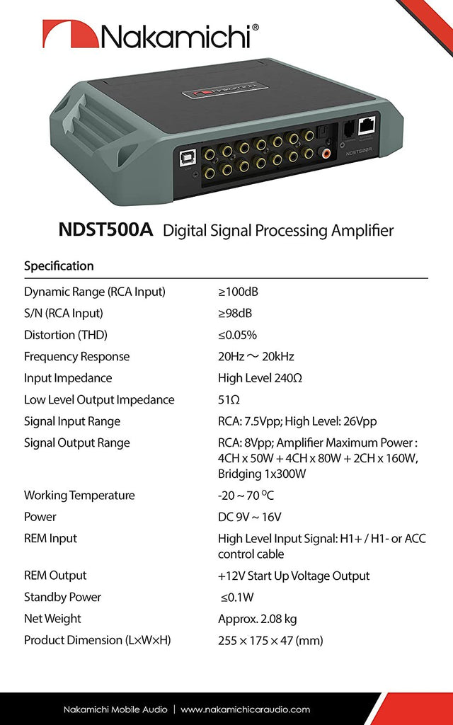 Nakamichi NDST500A Car Stereo Digital Signal Processing Power Car Amplifier DSP 6 Channels High 12 Channels Low Level Input External Bluetooth Optical Coaxial