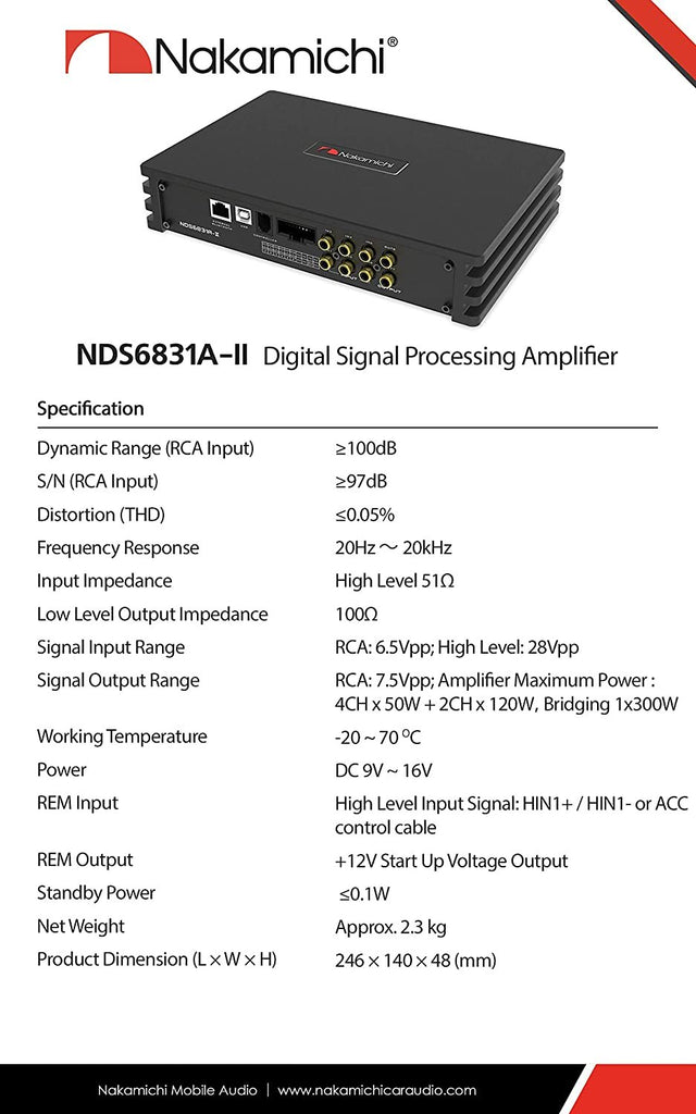 Nakamichi NDS6831A-II Car Stereo Digital Signal Processing Power Car Amplifier DSP 6 Channels High 2 Channels Low Level Input External Bluetooth Optical