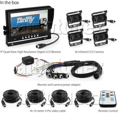 9" Quad Monitor Split Screen Reversing 4 Cameras IR CCD 4PIN Kit Truck 24V/12V