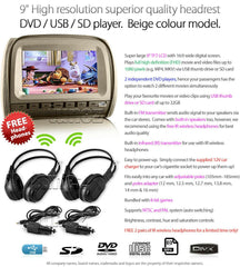 Beige 9" Headrest Pair DVD Player Car Monitor Pillow Games USB 1080p Sony Lens