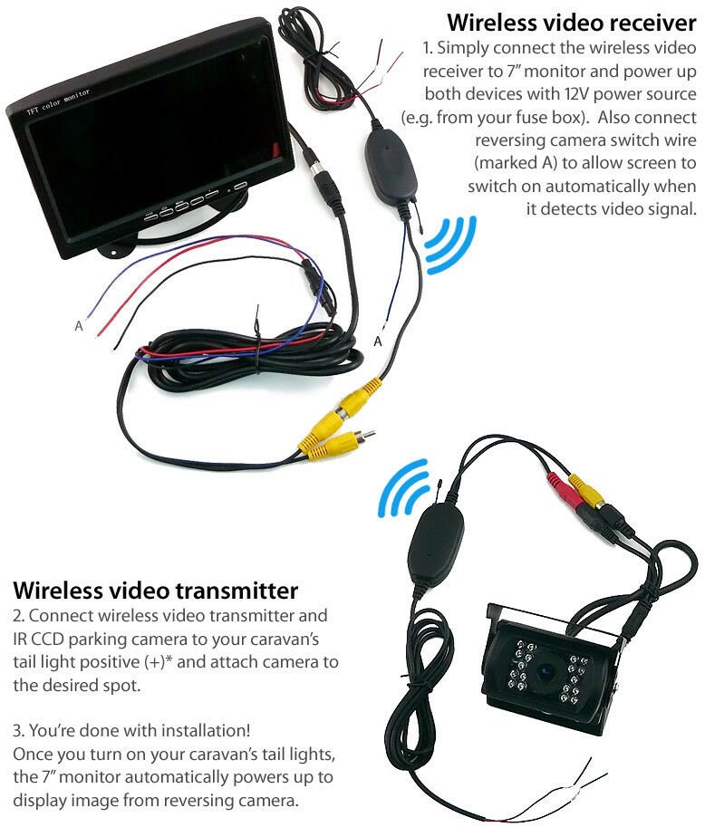 7" Screen Wireless Monitor 12V 24V Reversing Car CCD Camera Caravan Parking