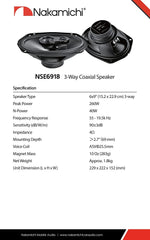 Nakamichi NSE6918 6x9 inches Car Stereo 3 Way Coaxial Speaker 260 Watts Peak Power 55-19.5kHz Frequency Response