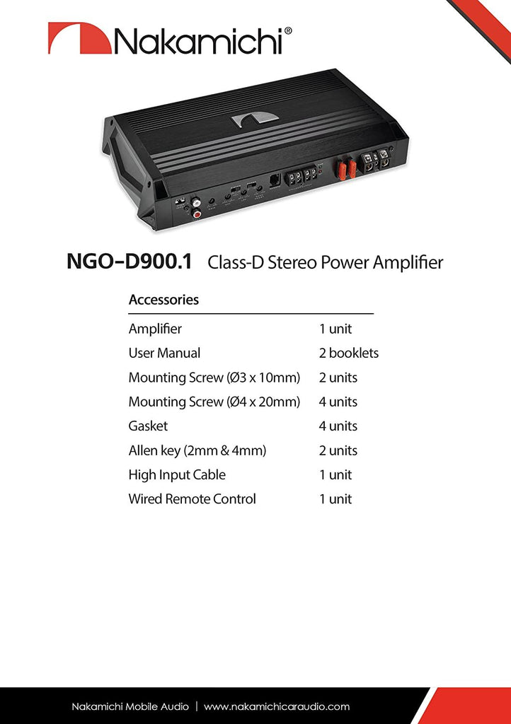 Nakamichi NGO-D900.1 Car Stereo Amplifier DSP 2000 Watts Maximum Power Bass Boost