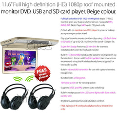Beige 11.6" Car Roof Mount Flip Down Monitor HD 1080p Player DVD CD Games USB