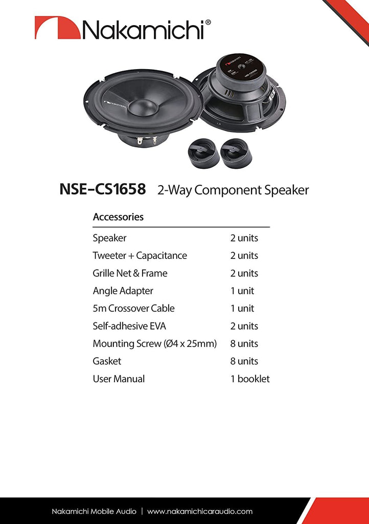 Nakamichi NSE-CS1658 6.5-inches Car Stereo 2 Way Component Speaker 350 Watts Peak Power 53-19.5kHz Frequency Response