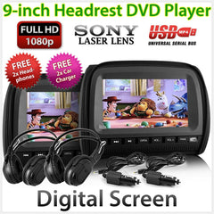 Black 9" Headrest Pair DVD Player Car Monitor Pillow Games USB 1080p Sony Lens