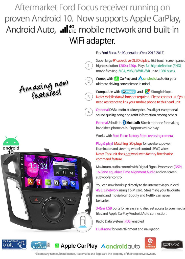 Apple CarPlay Android Auto For Ford Focus 2012-2017 LW LZ Stereo Radio MP3 MP4