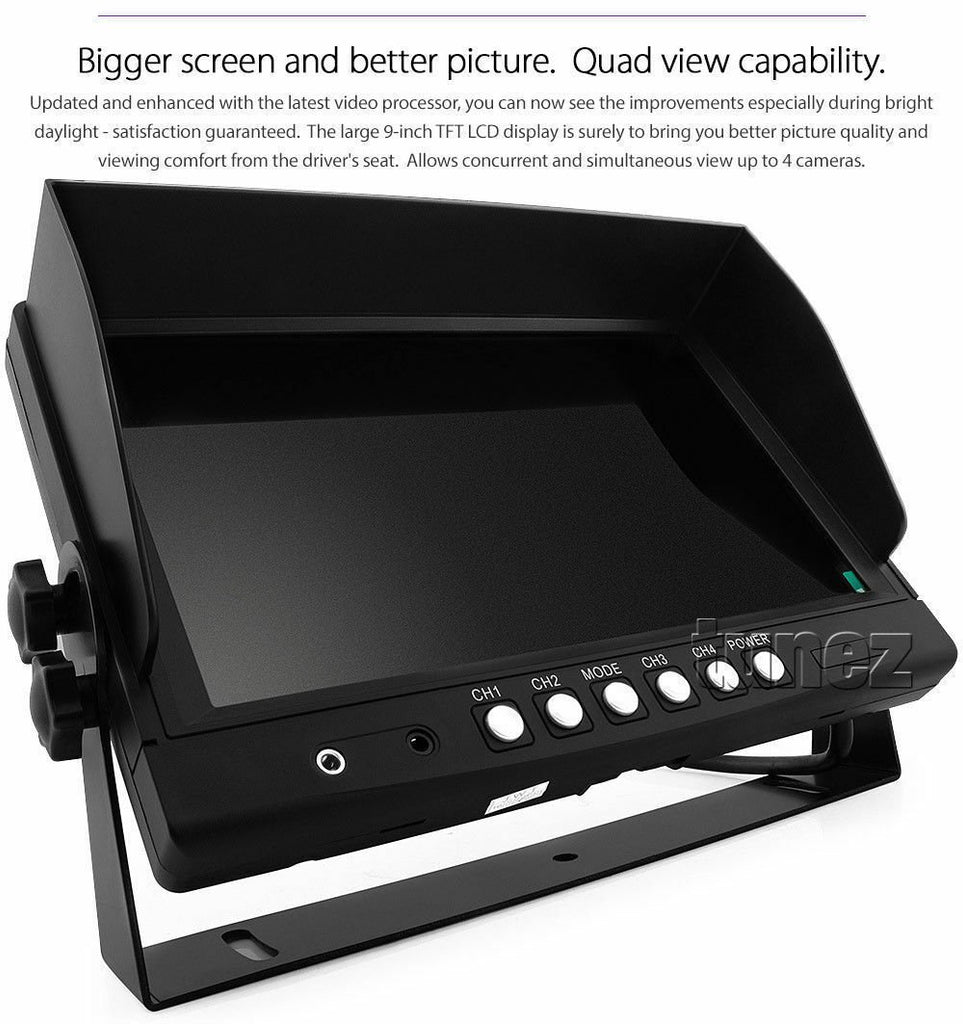 9" Quad Monitor Split Screen Reversing 3 Camera IR CCD 4PIN Kit Truck 24V/12V